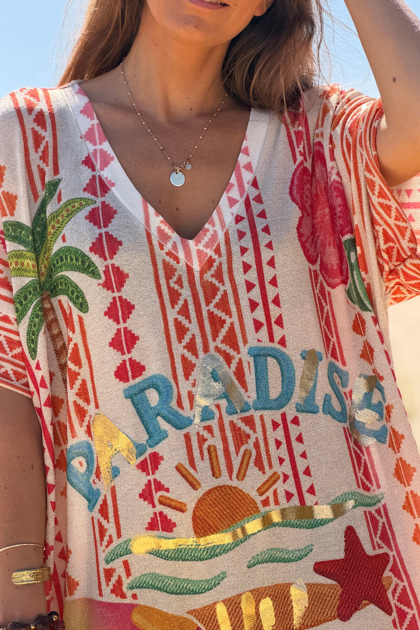 Robe longue brillante lurex imprimé ethnique orange Paradise Sunset