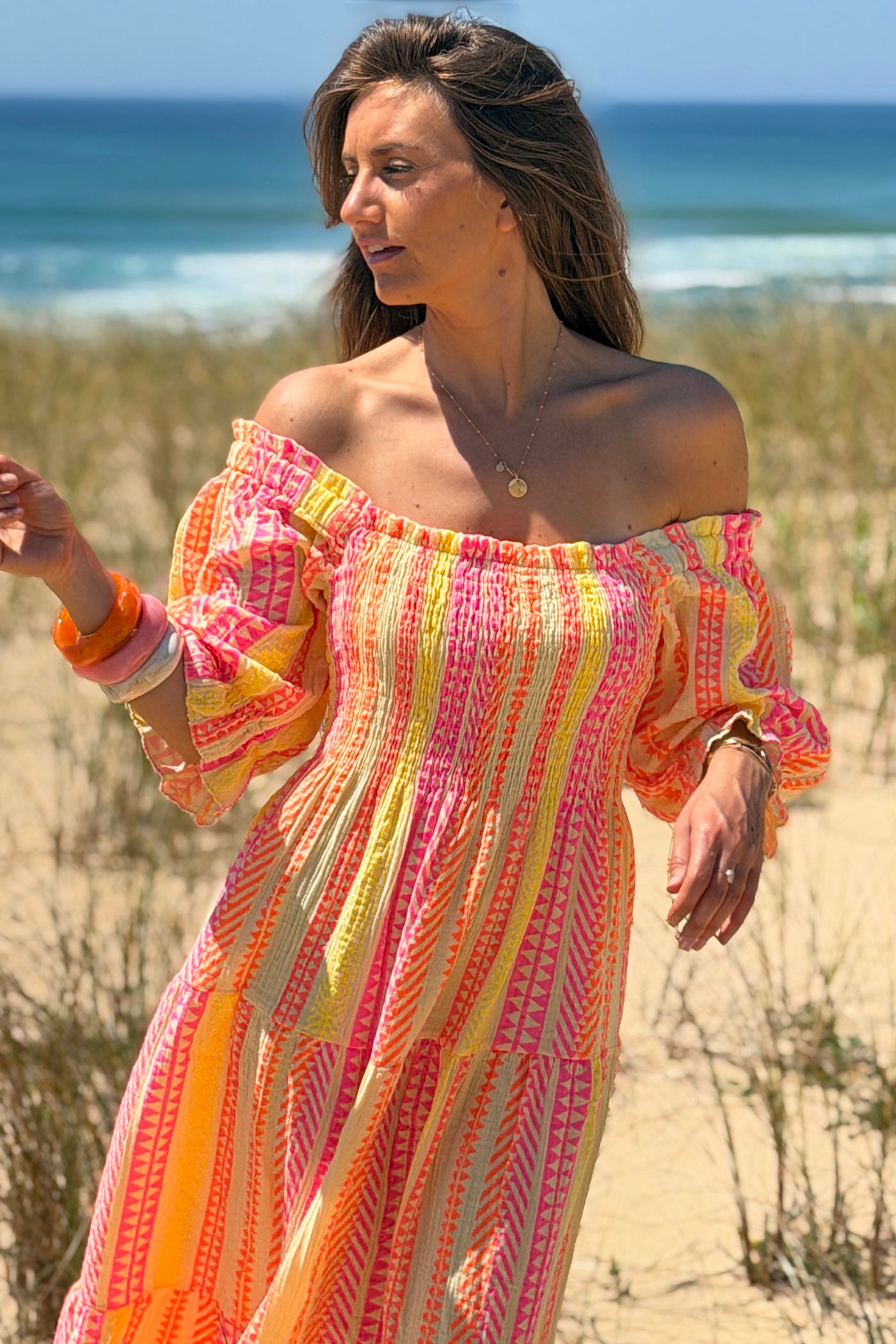 Yellow Gauze Neon Patterned Tiered Maxi Dress