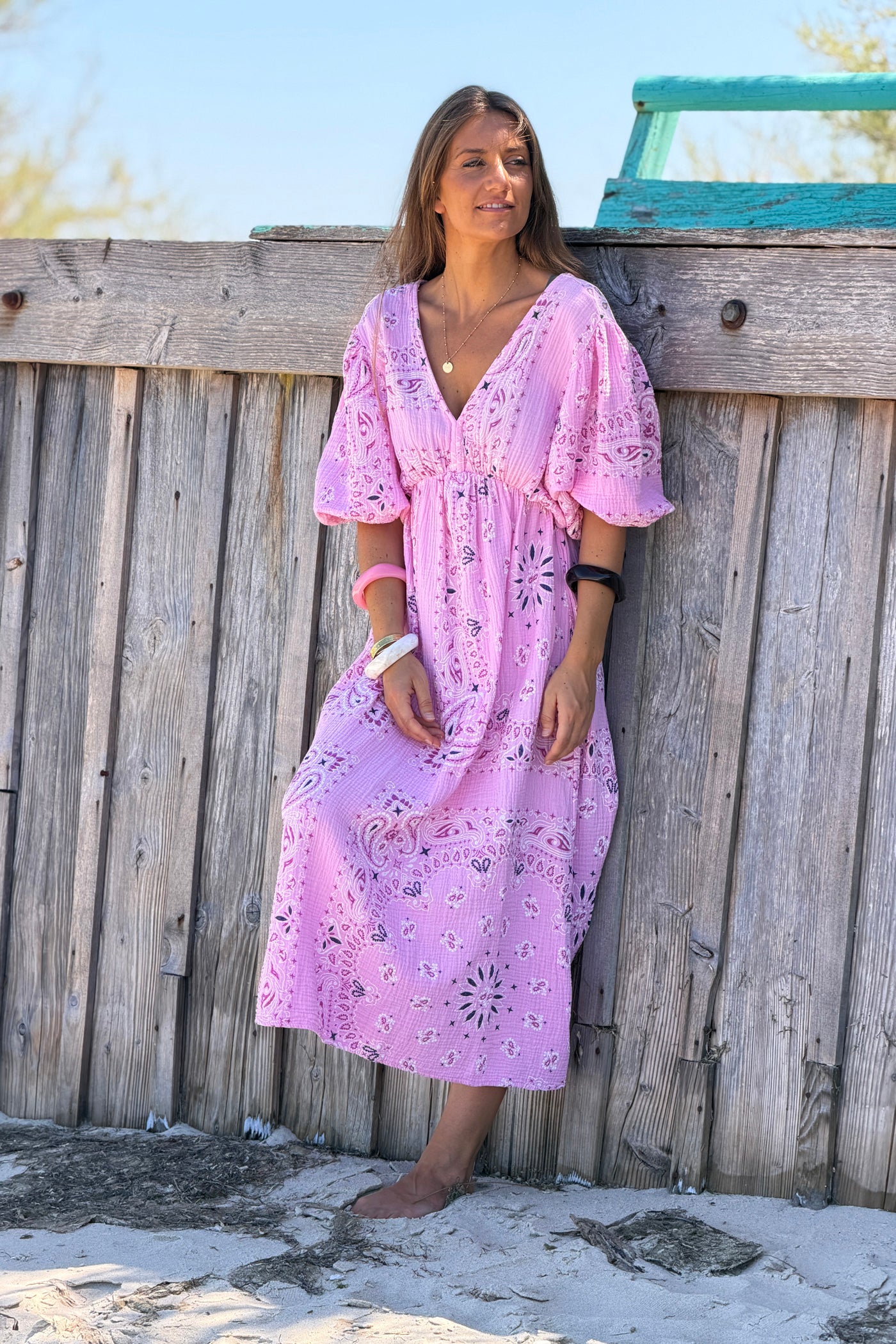 Pink Gauze Bandana Print Dress