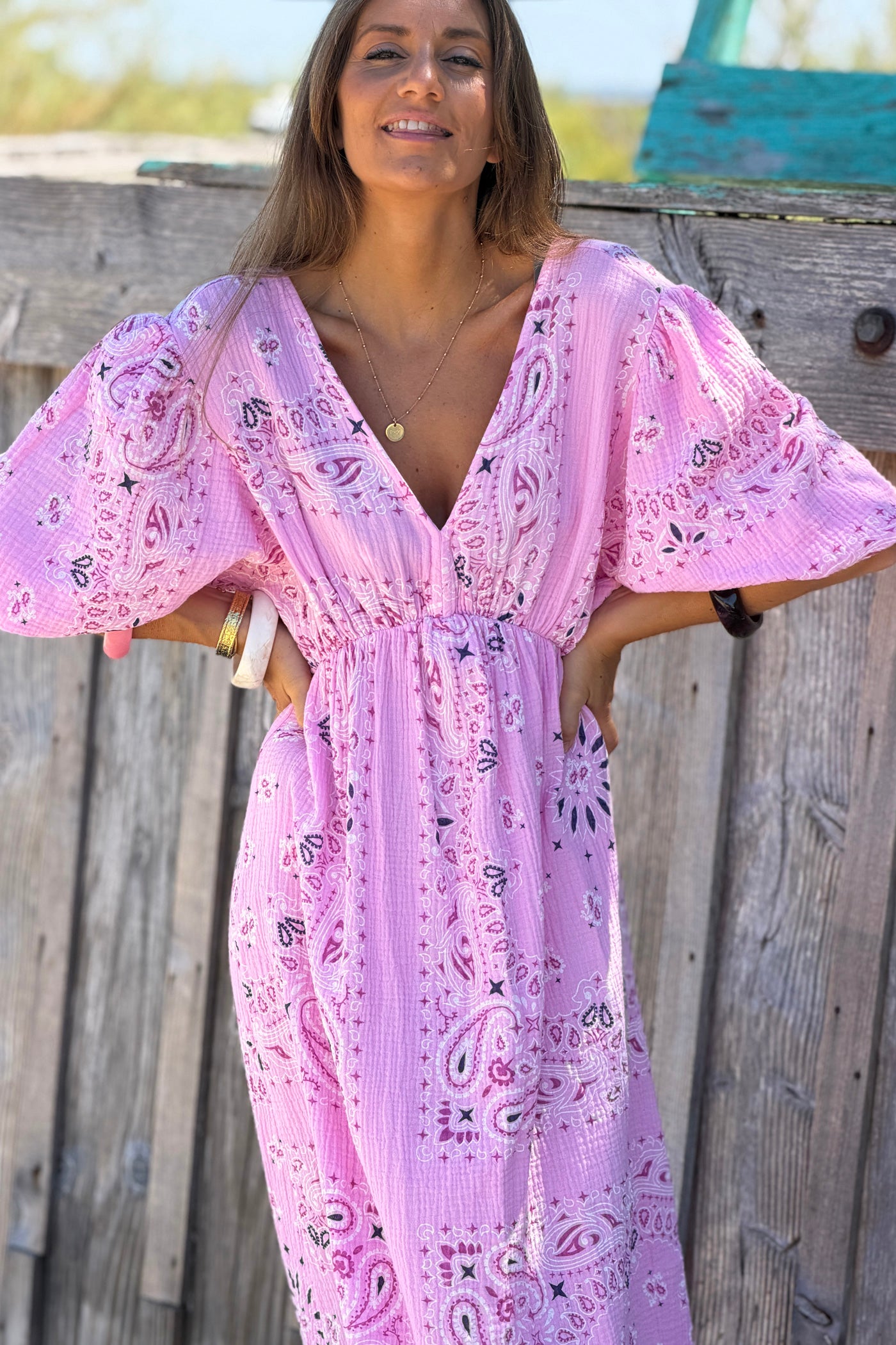 Pink Gauze Bandana Print Dress