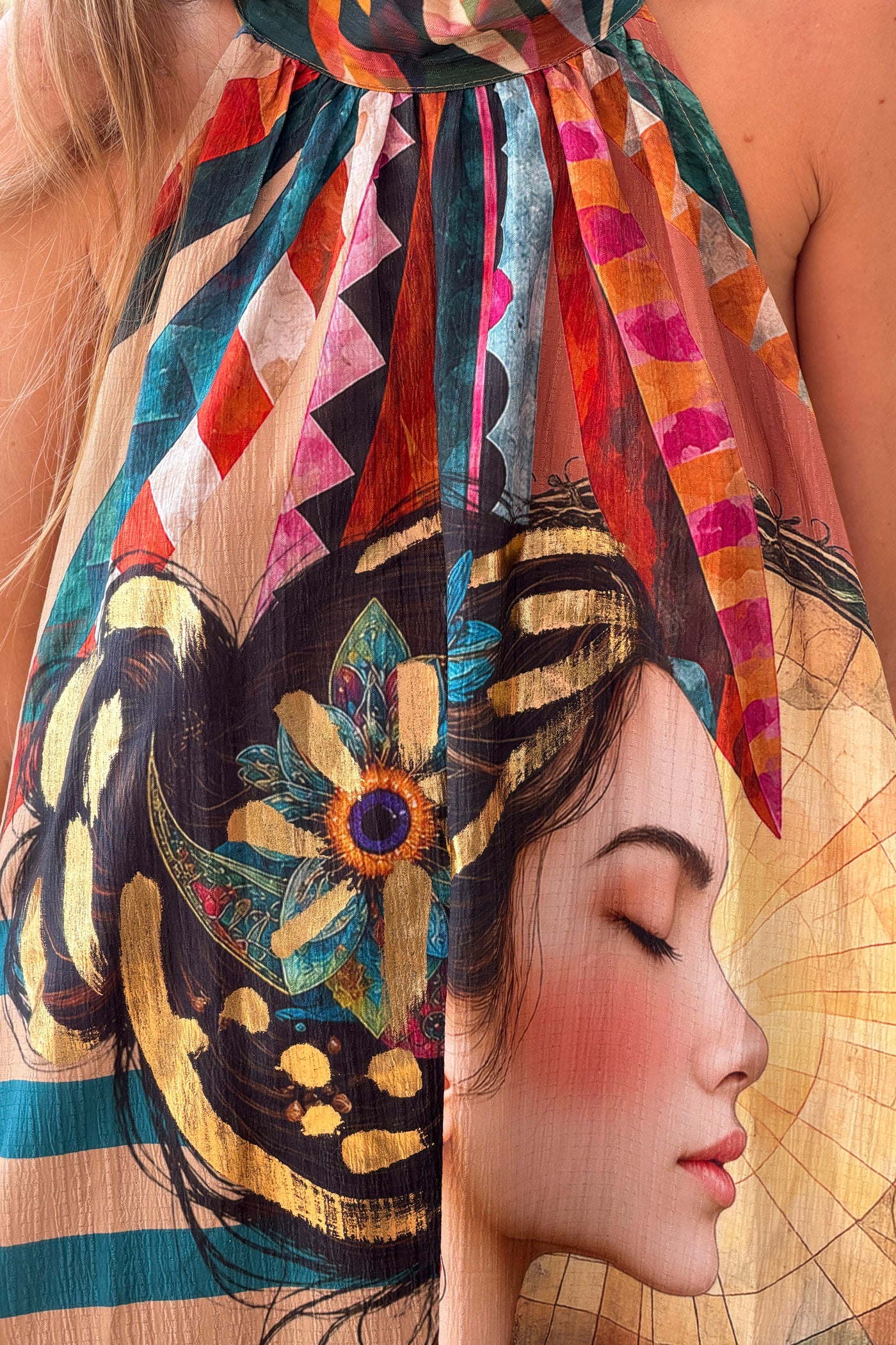 Multicolour Mystical Lady Crinkle Chiffon Halter Dress