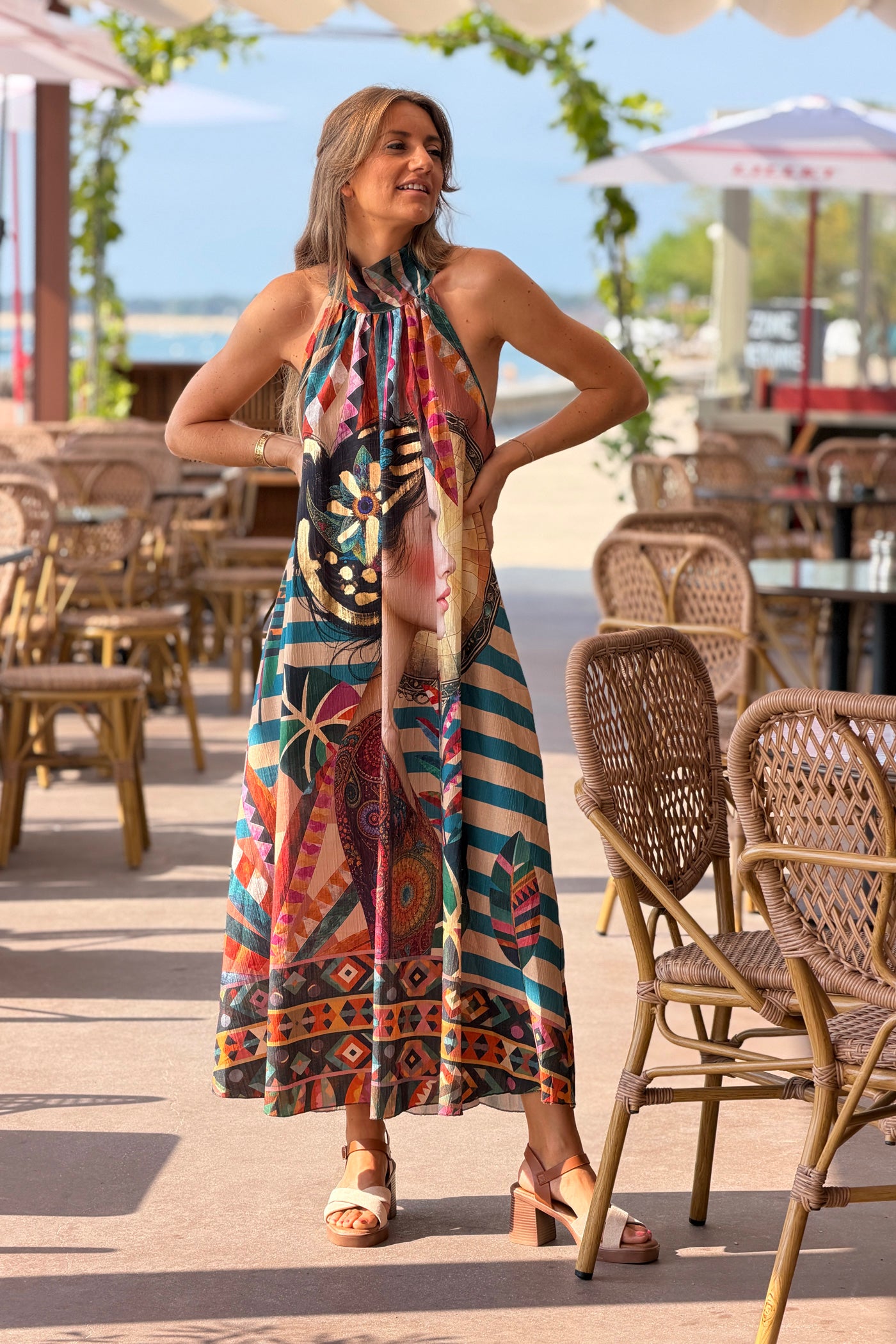 Multicolour Mystical Lady Crinkle Chiffon Halter Dress