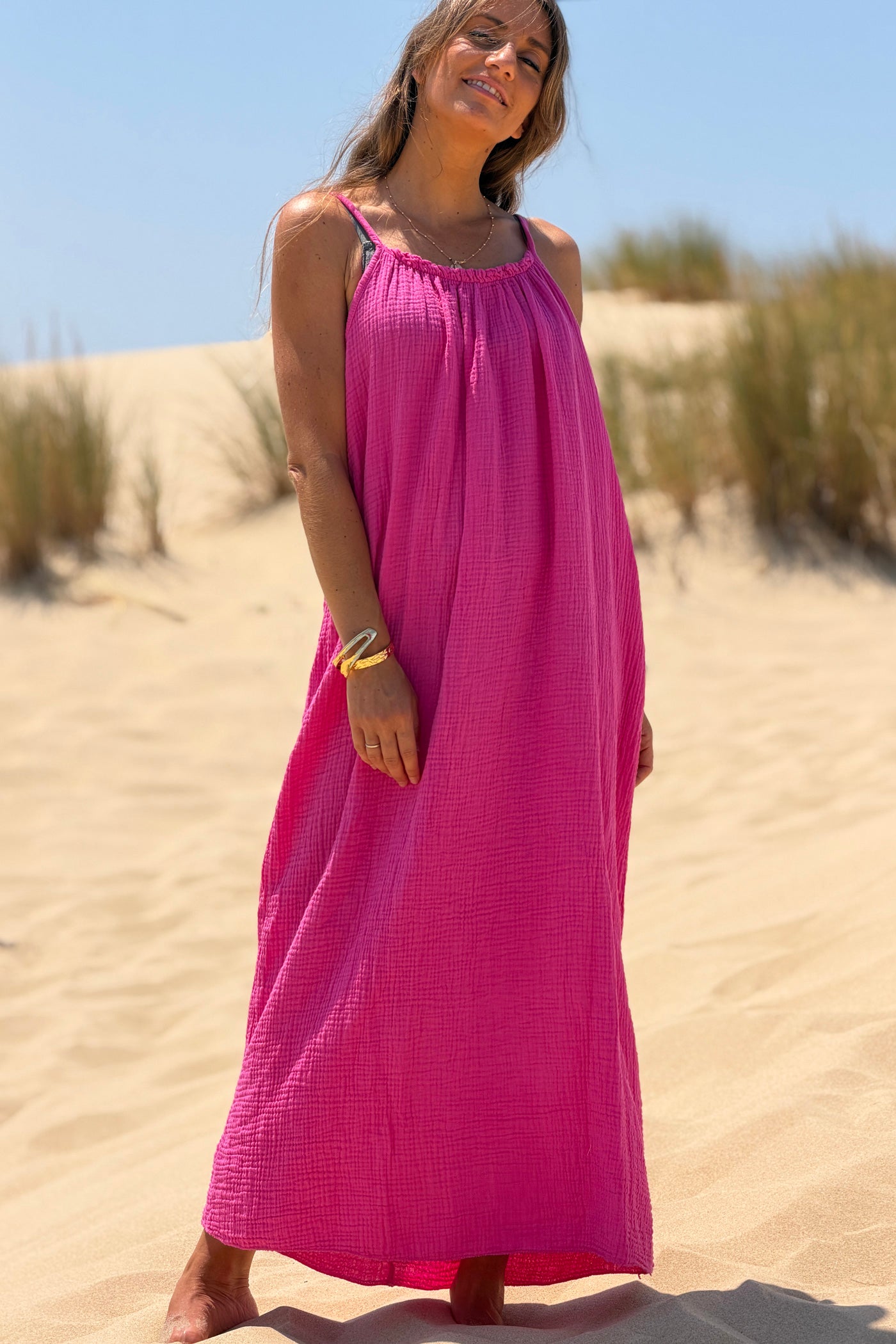 Hot Pink Crinkle Gauze Maxi Dress