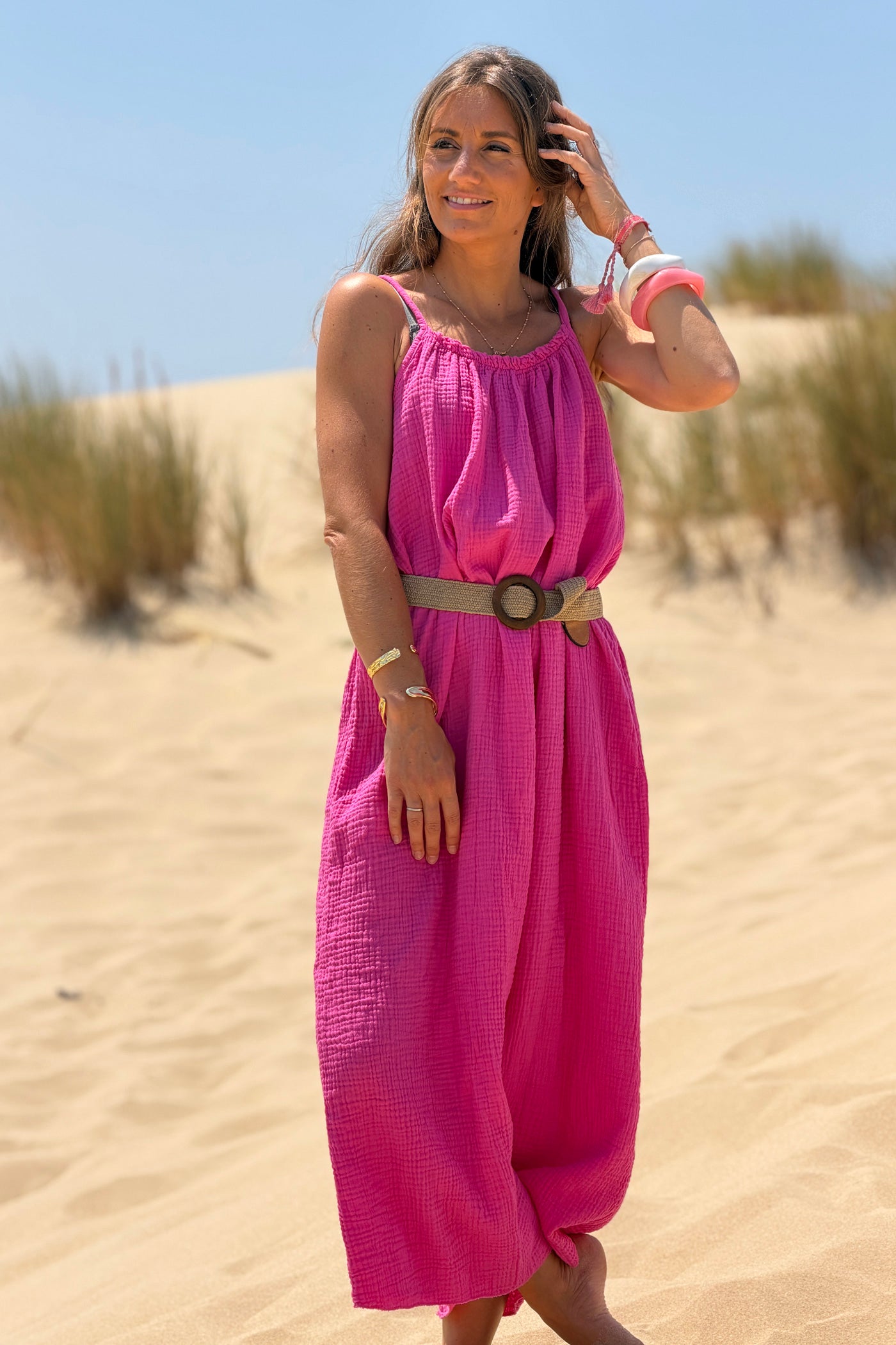 Hot Pink Crinkle Gauze Maxi Dress