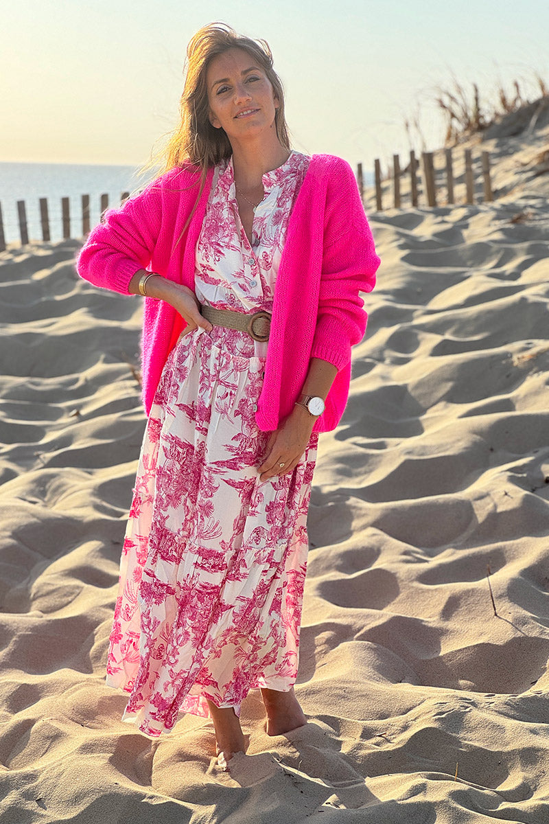 Tiered maxi dress with toile de jouy hot pink print