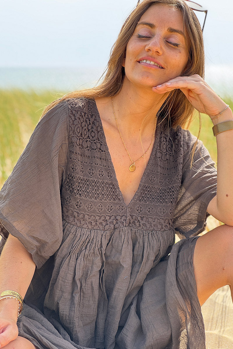 Brown chocolate Floaty Cotton Dress with Lace Top