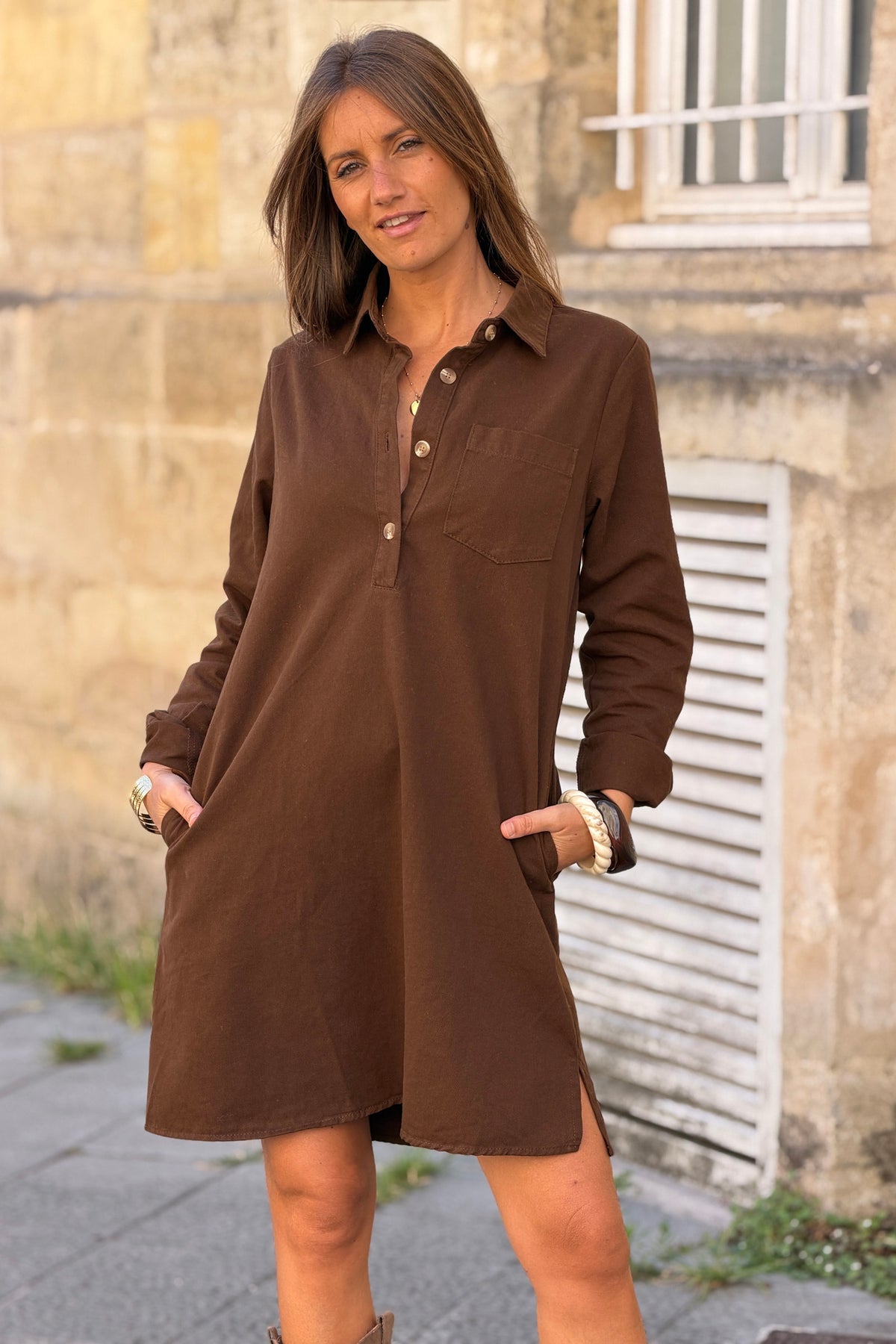 Chocolate Woven Half-Placket Long-Sleeve Dress