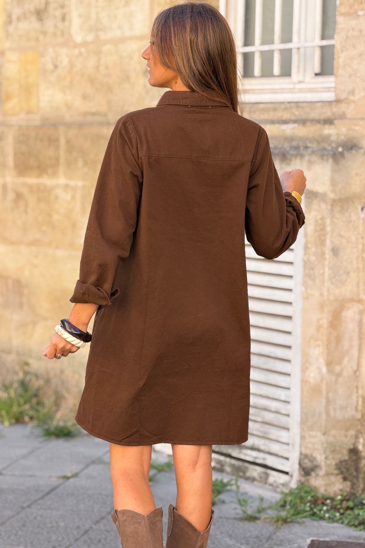 Chocolate Woven Half-Placket Long-Sleeve Dress