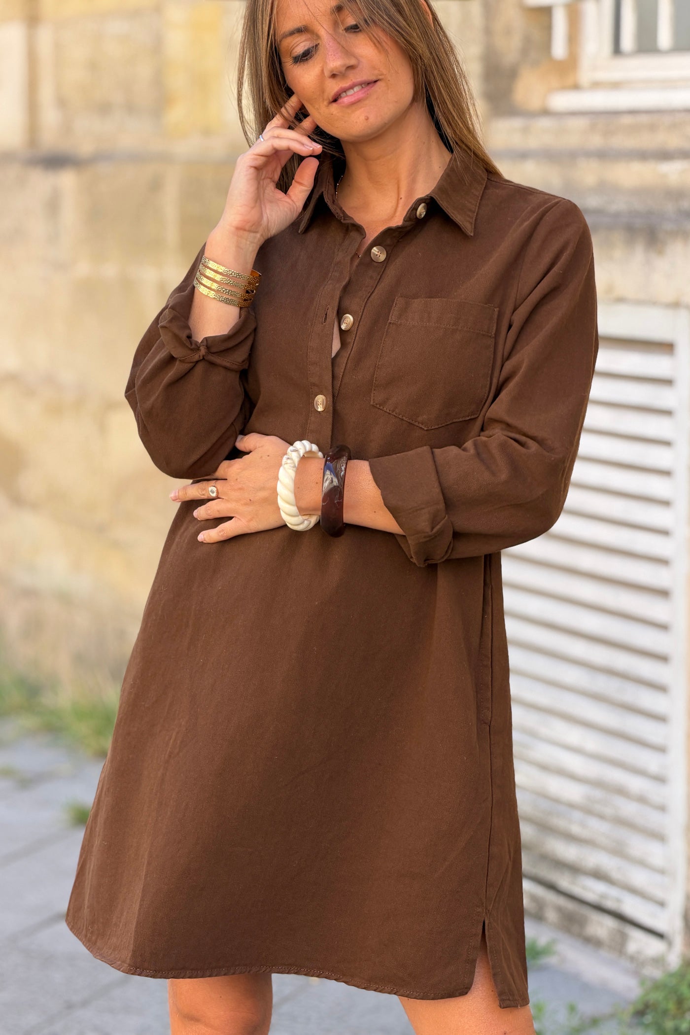 Chocolate Woven Half-Placket Long-Sleeve Dress