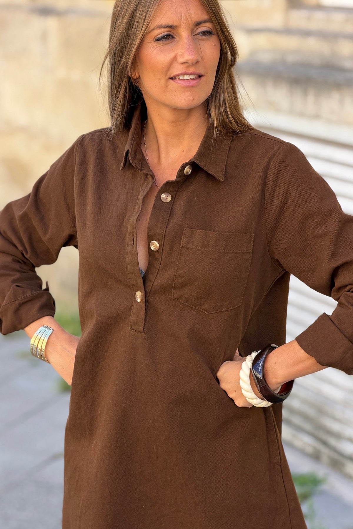 Chocolate Woven Half-Placket Long-Sleeve Dress