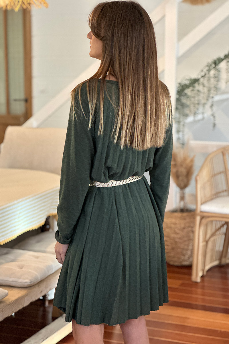 Robe plissée kaki en petite maille col rond