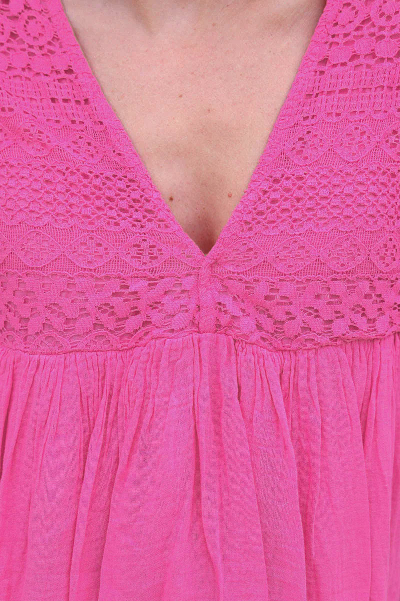 Fuchsia Floaty Cotton Dress with Lace Top
