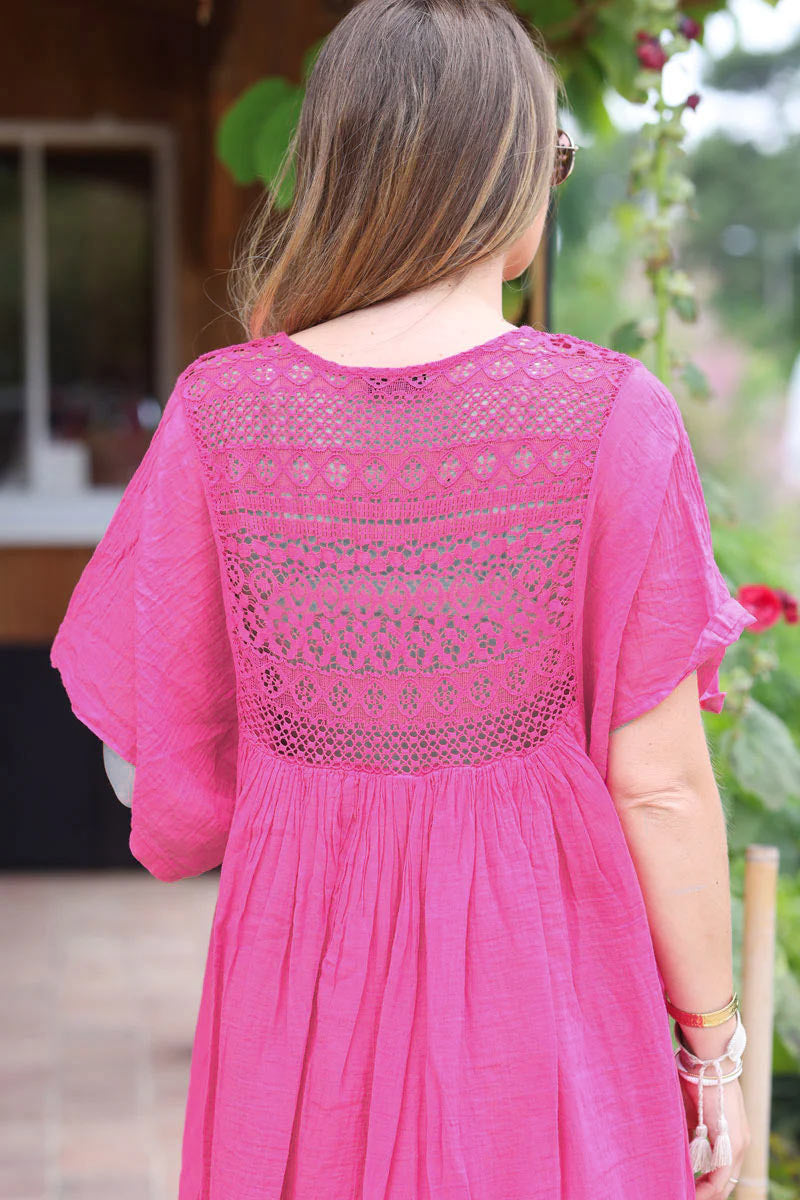 Fuchsia Floaty Cotton Dress with Lace Top