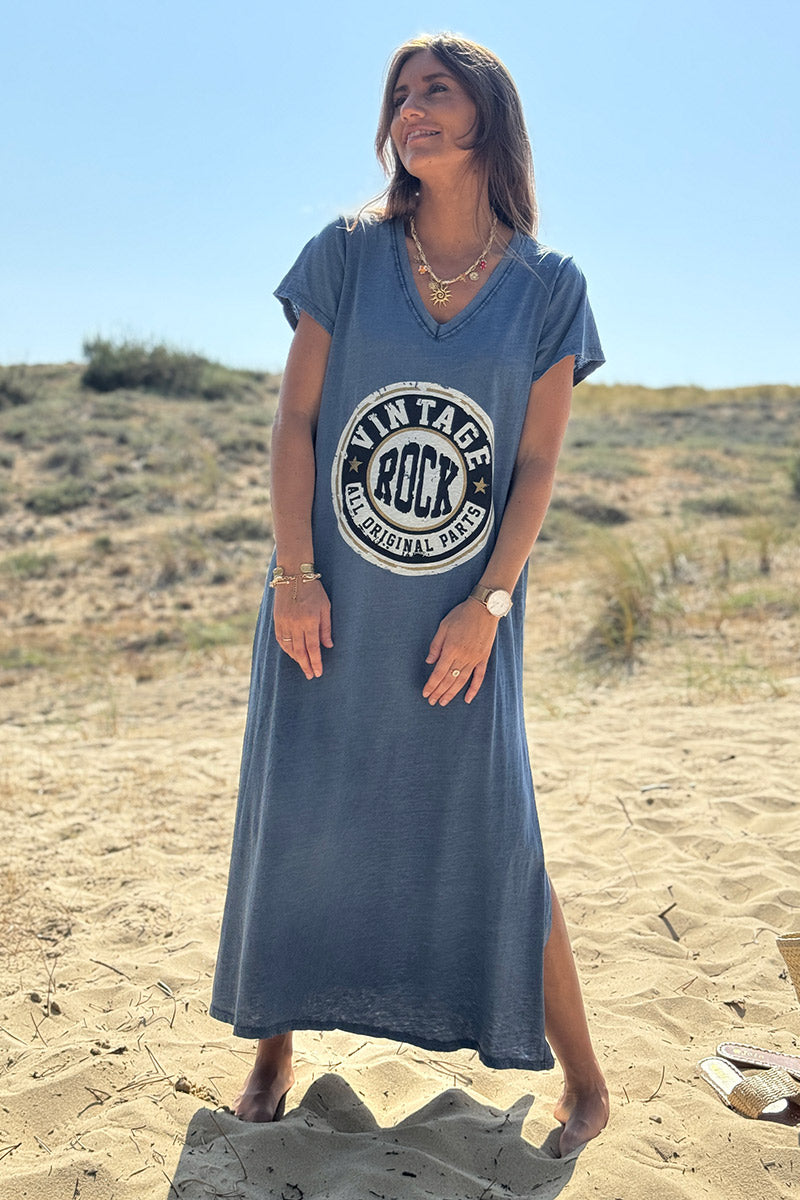 Blue Vintage Rock V-Neck T-Shirt Dress