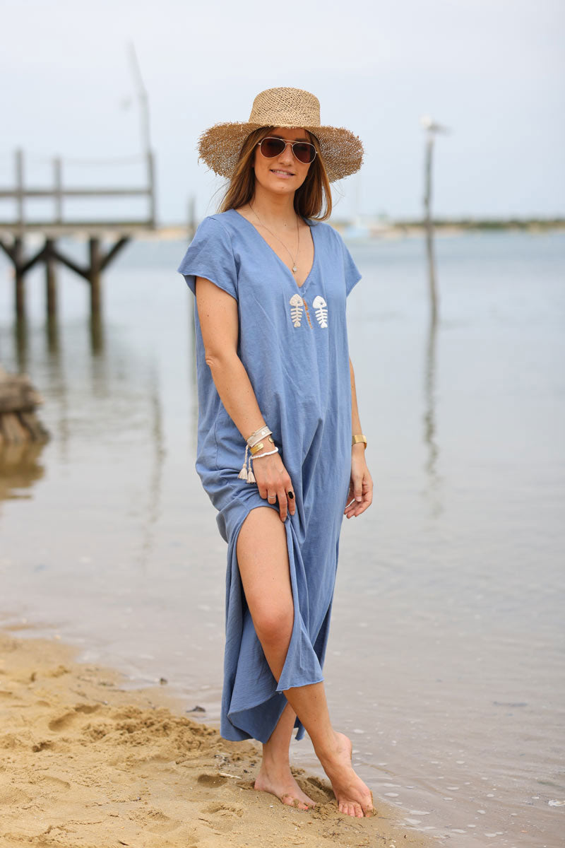 Robe longue t-shirt col V trio poissons bleu jean