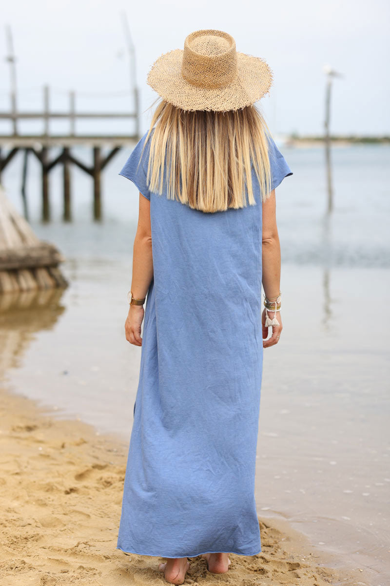 Robe longue t-shirt col V trio poissons bleu jean