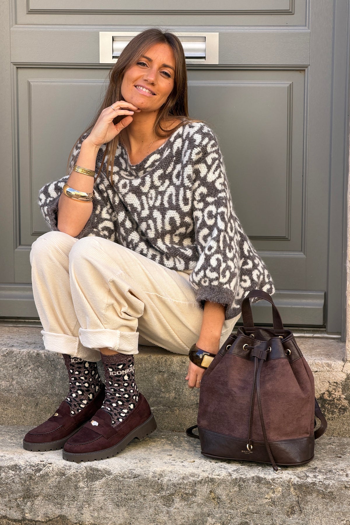 Sac à dos forme bourse marron en suédine et simili cuir