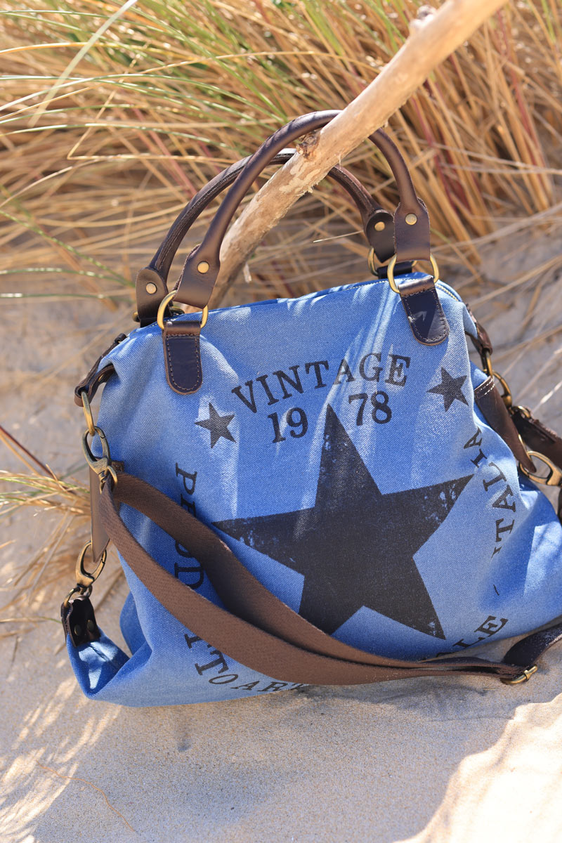 Sac à main bleu jean en coton et anses en cuir logo étoile vintage