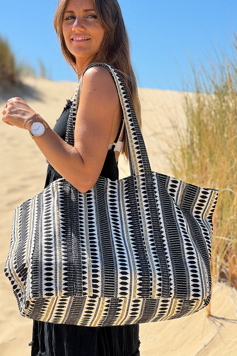 Bolso tote de algodón con efecto piqué y bordados en negro y dorado