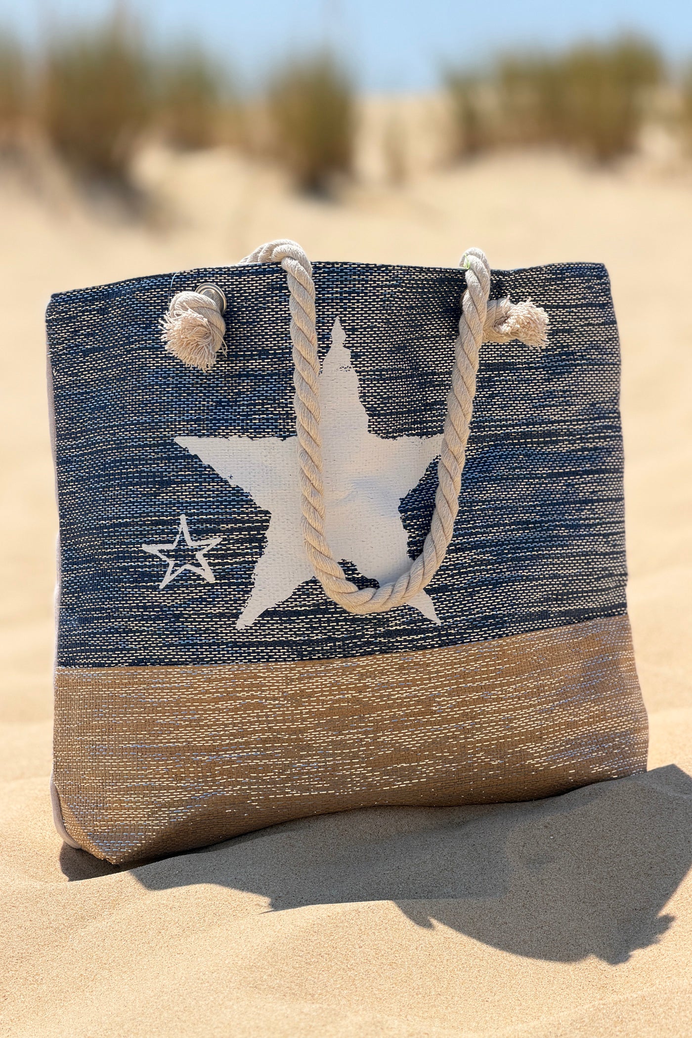 Navy Beach Star Woven Tote