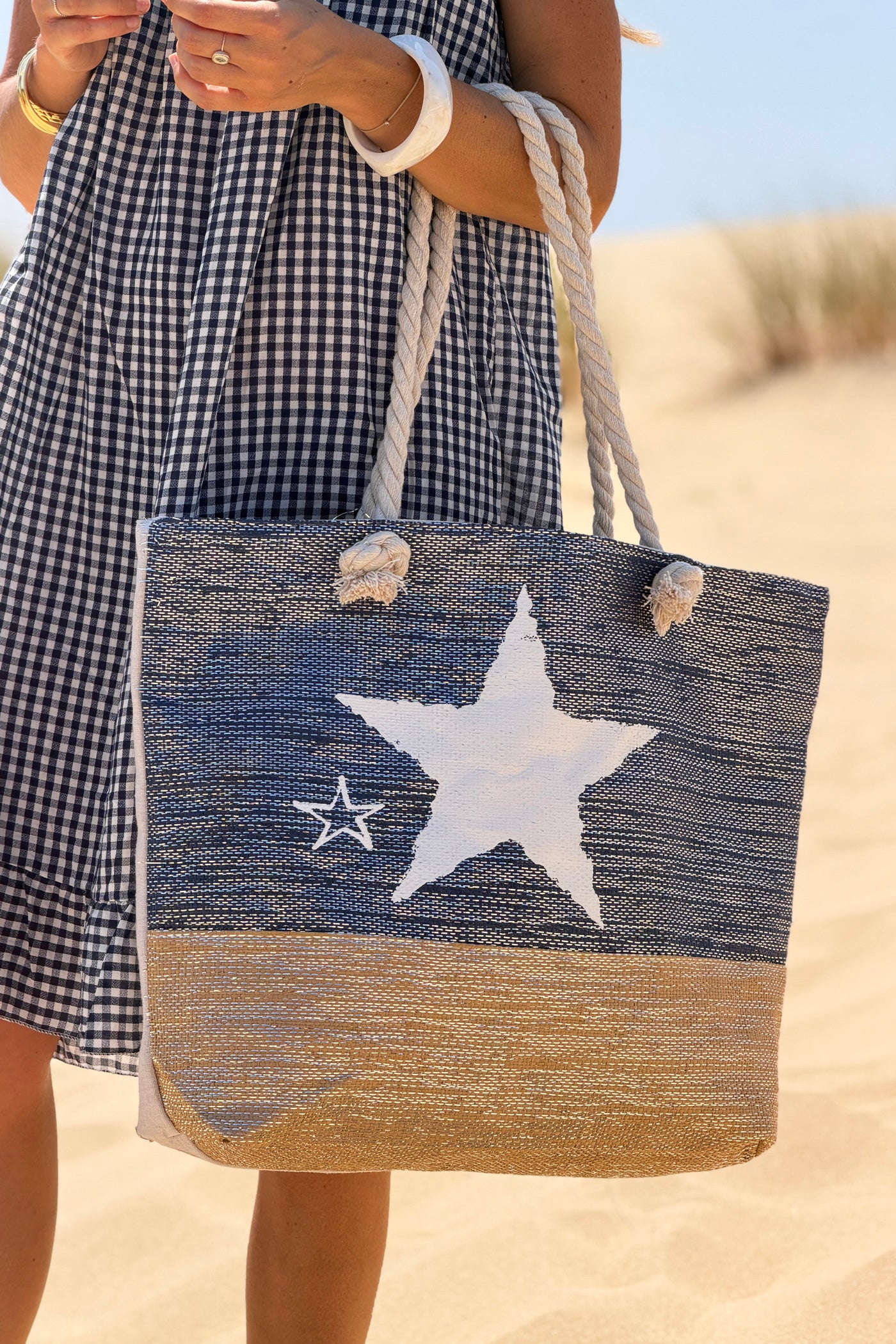 Navy Beach Star Woven Tote