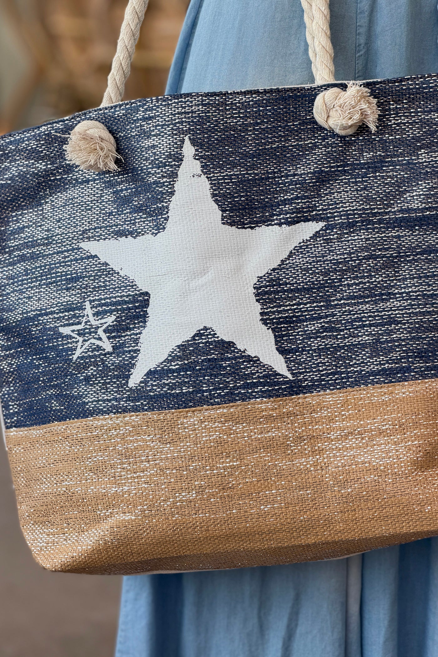 Navy Beach Star Woven Tote