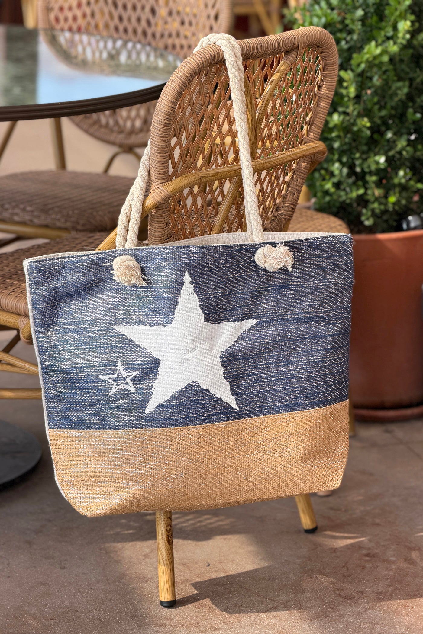 Navy Beach Star Woven Tote