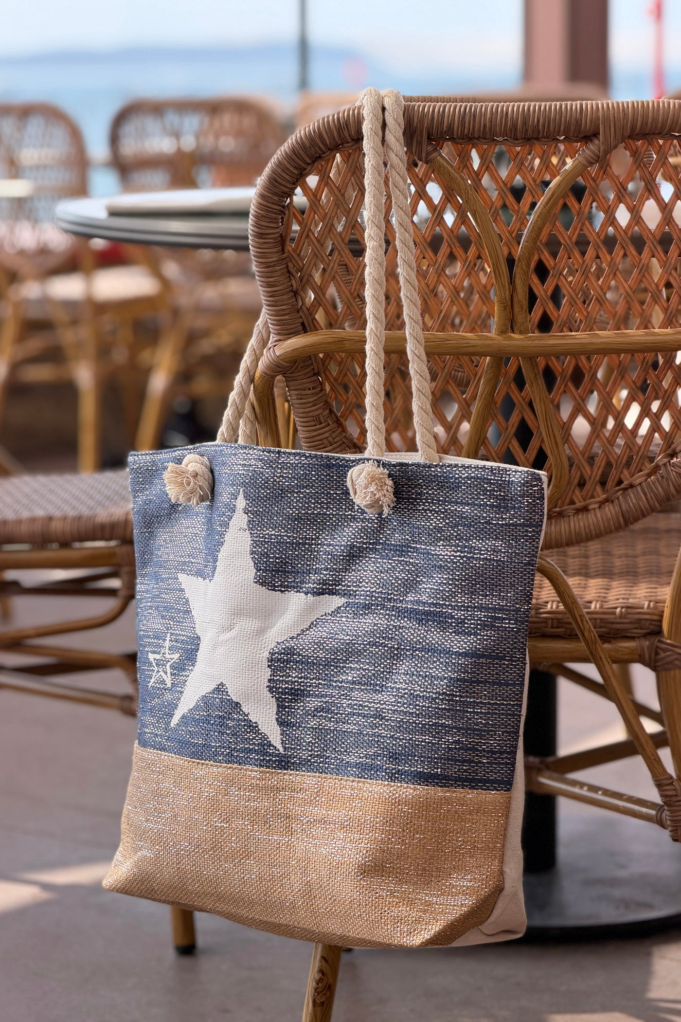 Navy Beach Star Woven Tote