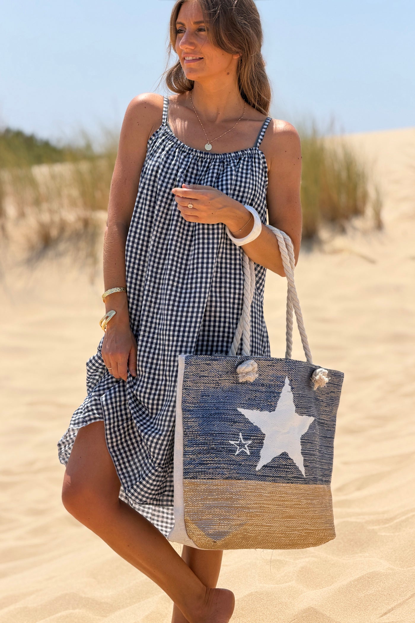 Navy Beach Star Woven Tote