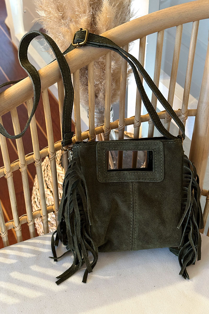 Olive Suede Fringe Bag