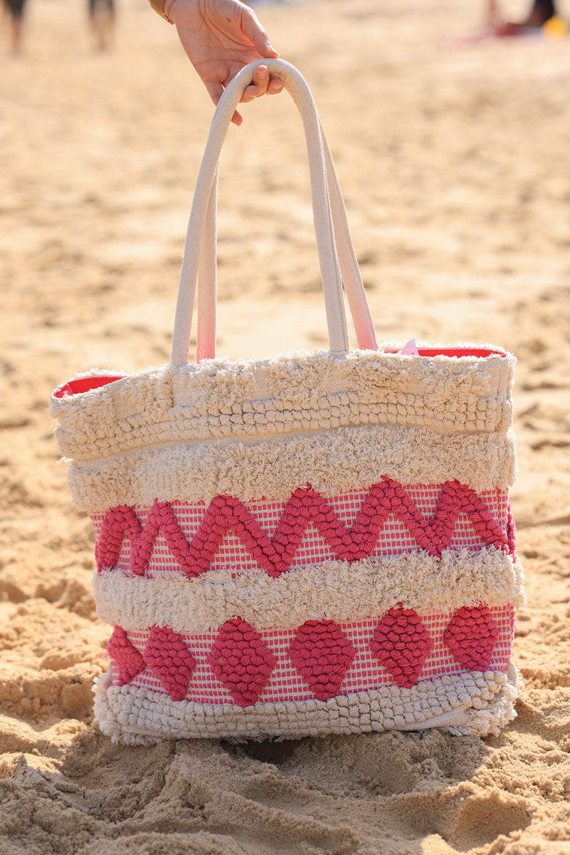 Bolso cesta de algodón crudo con motivos aztecas fucsia en relieve
