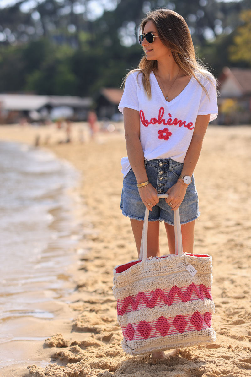 Bolso cesta de algodón crudo con motivos aztecas fucsia en relieve