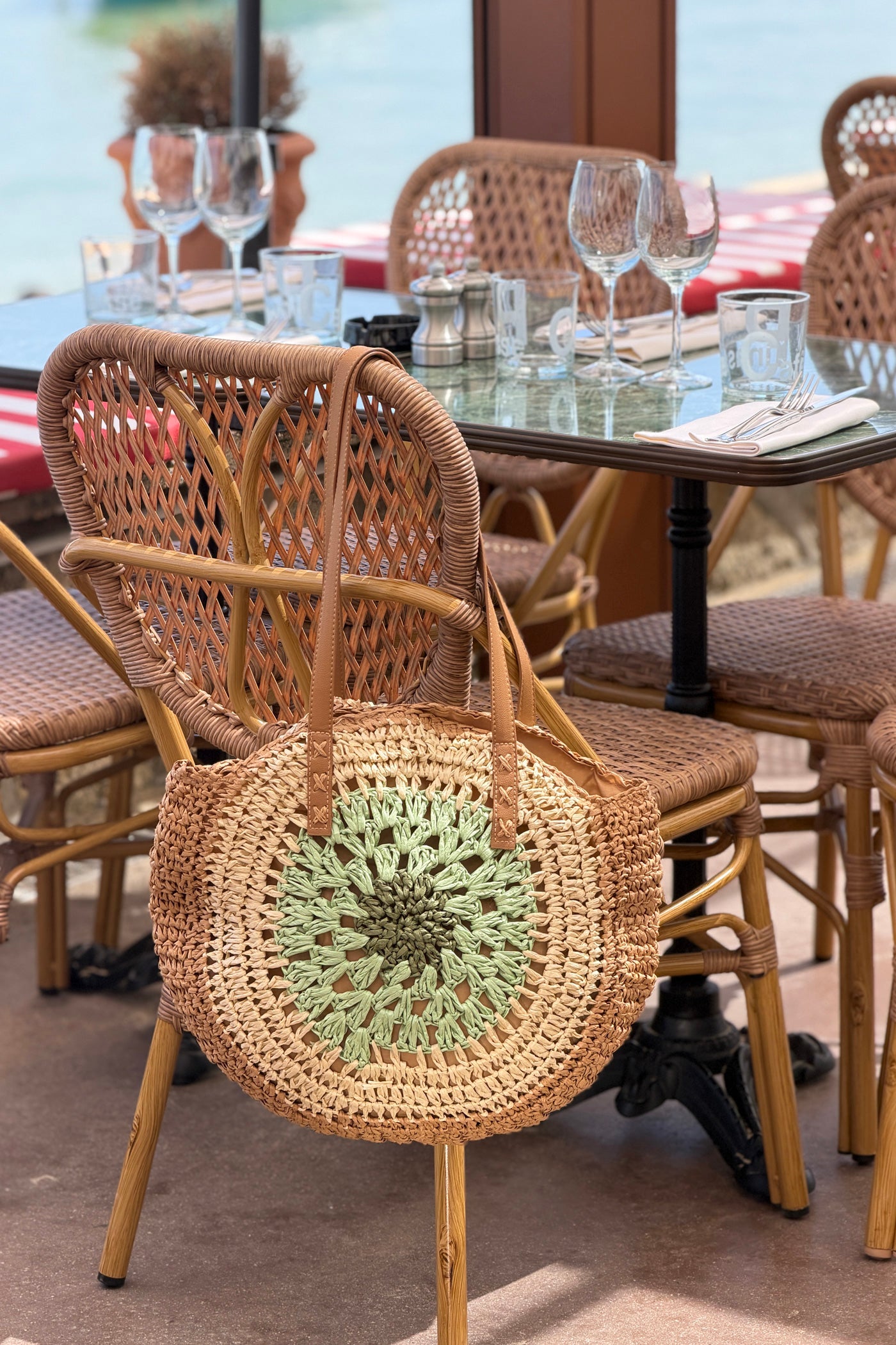 Sage green Raffia Circular Beach Purse