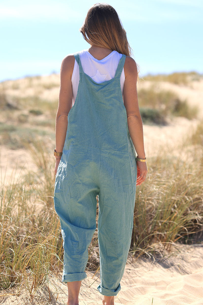 Salopette fluide vert céladon mi coton mi lin bretelles noeuds