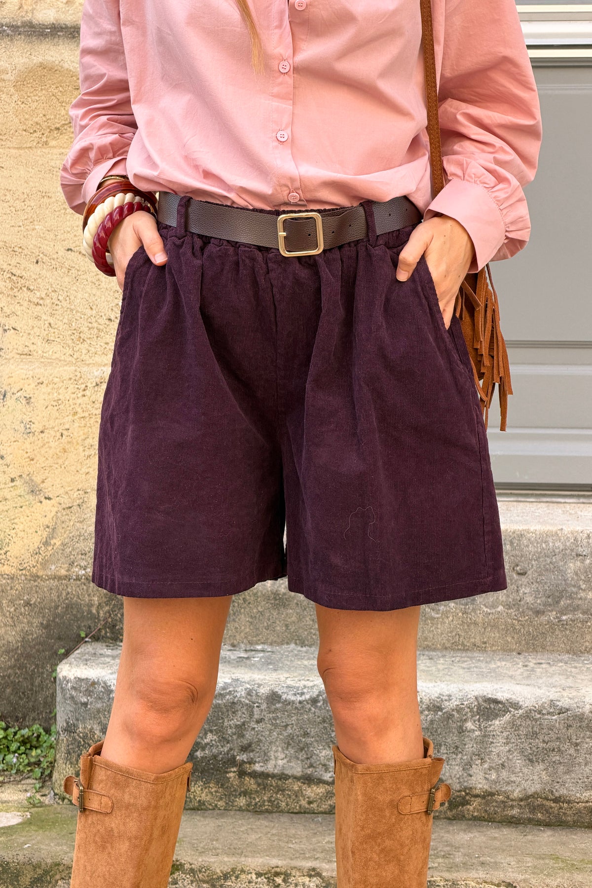 Burgundy Merlot Corduroy Shorts with Belt