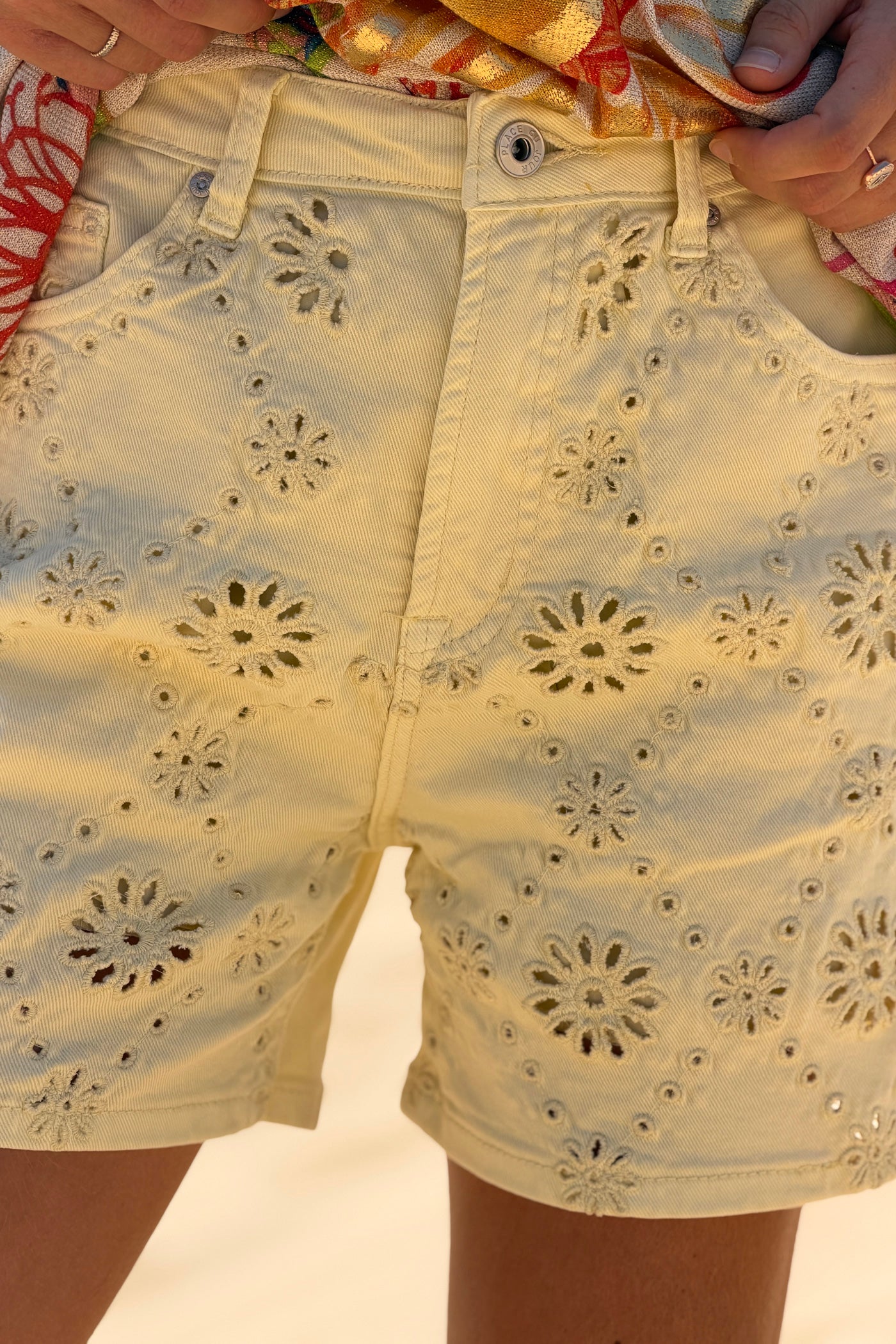 Butter Yellow Eyelet Embroidered Denim Shorts