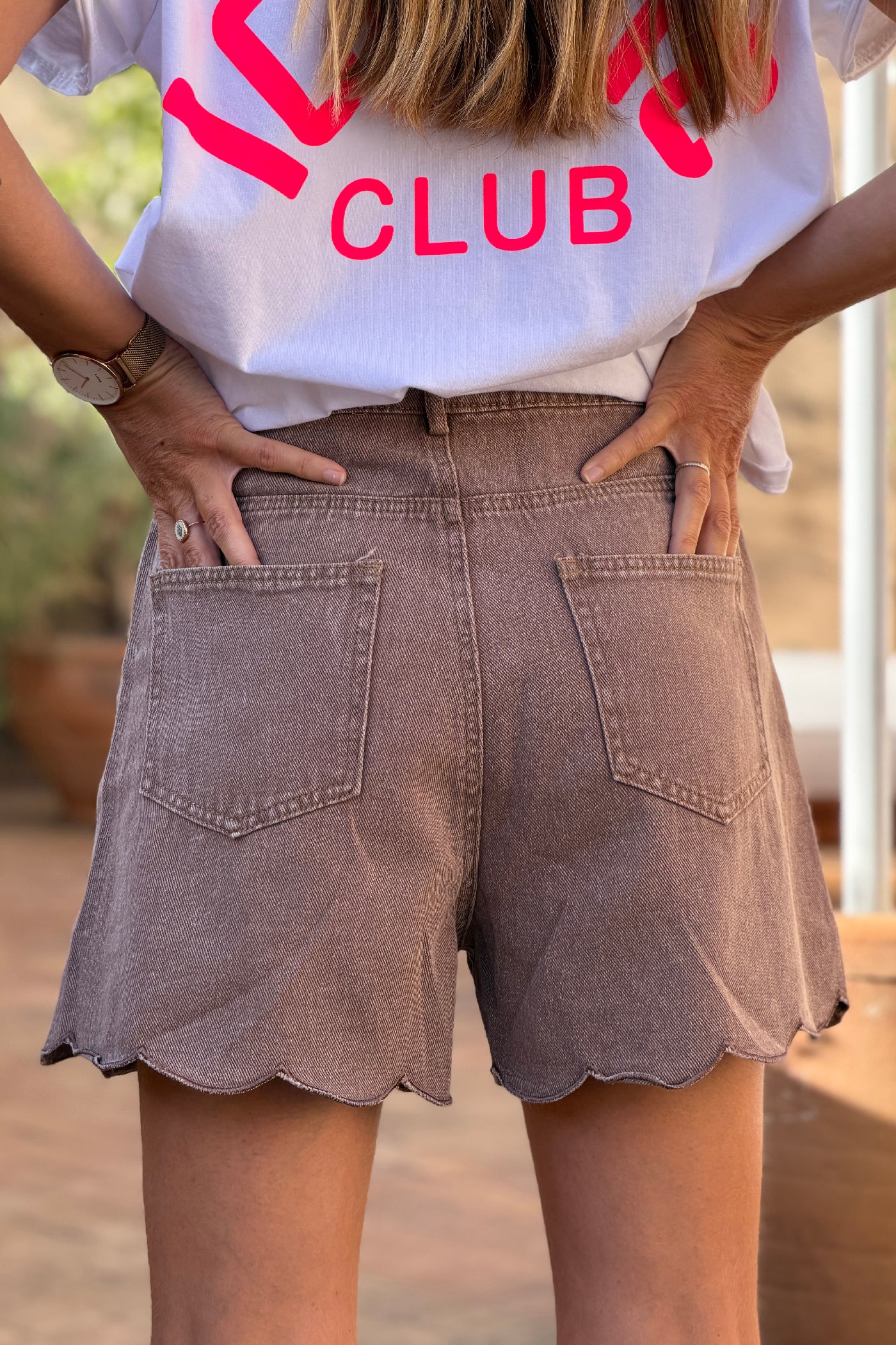 Taupe Denim Scalloped Hem Shorts