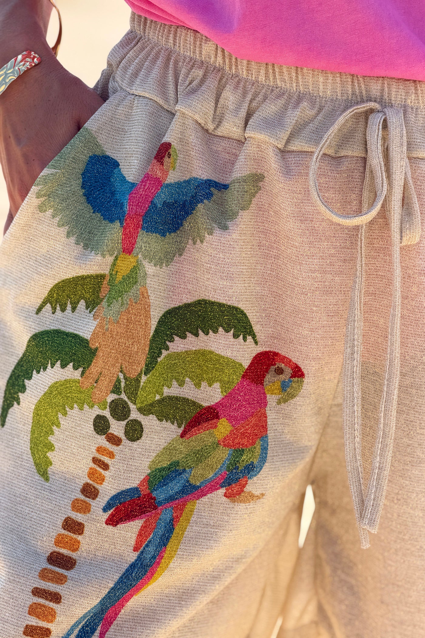 Beige Parrot Paradise Glitter Knit Resort Shorts