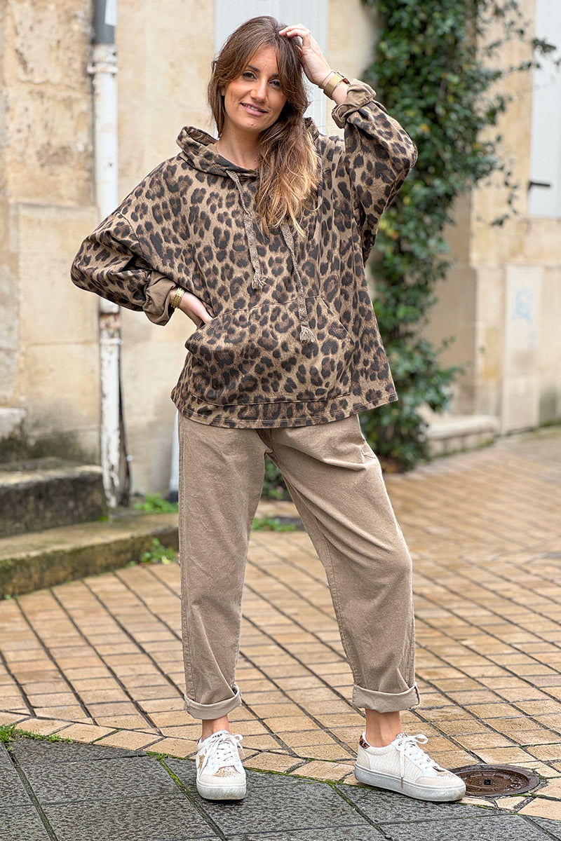 Sweat confort à capuche imprimé léopard taupe