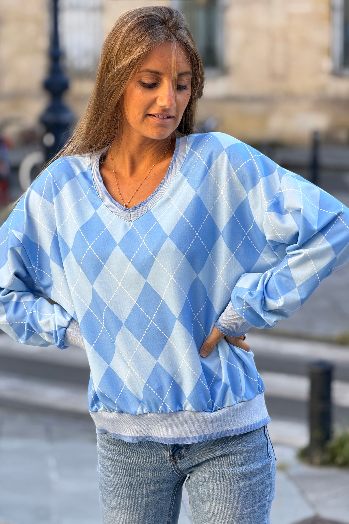 Blue Argyle V-Neck Sweater