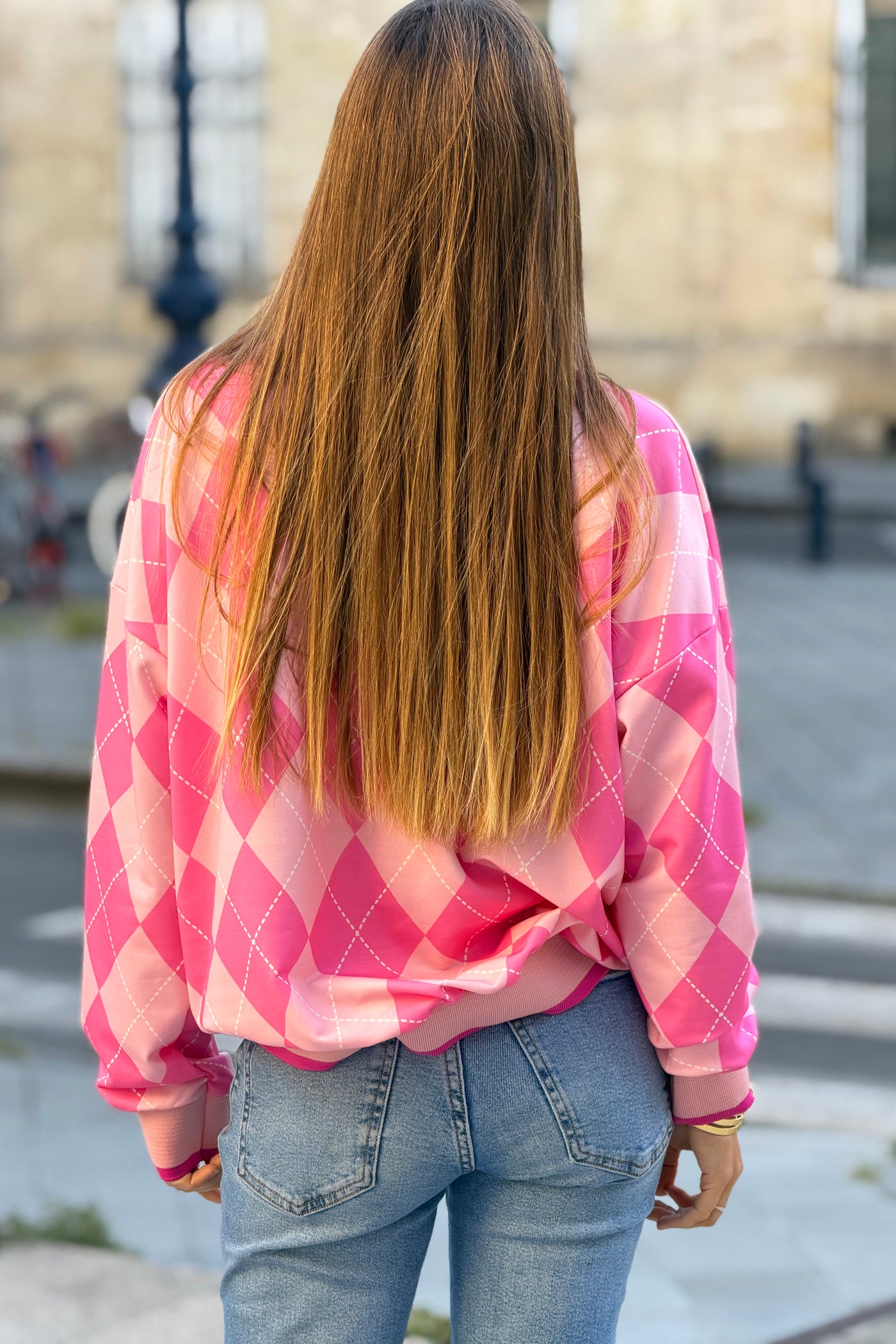 Pink Argyle V-Neck Sweater