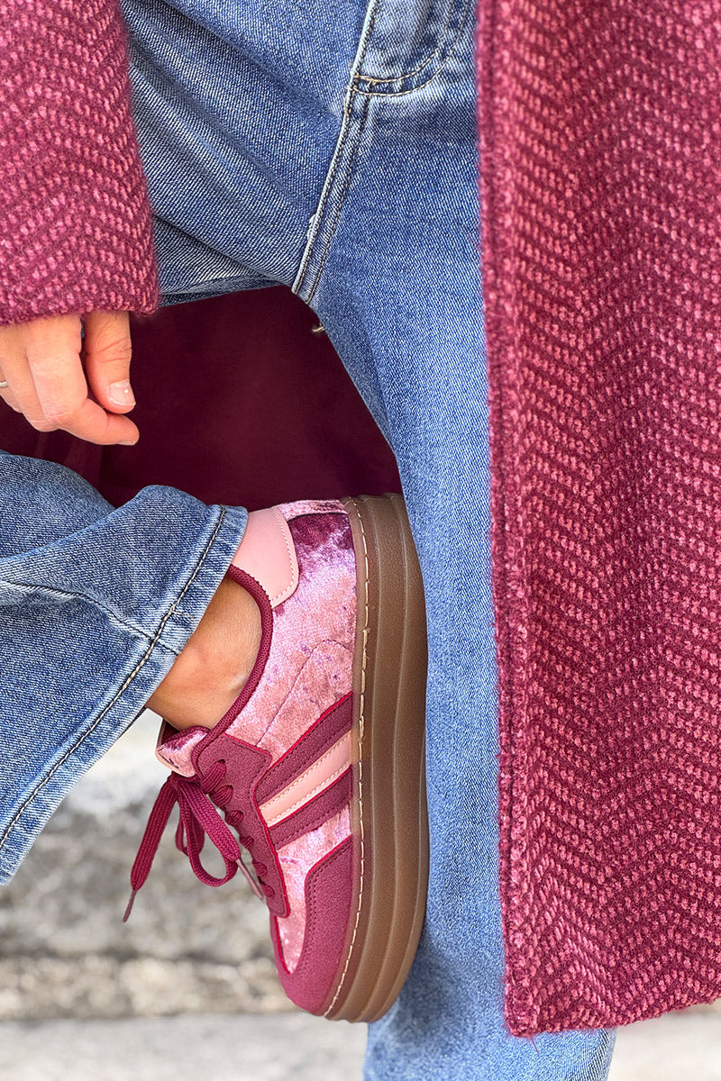 Burgundy Velvet and Suede Sport Stripe Sneakers