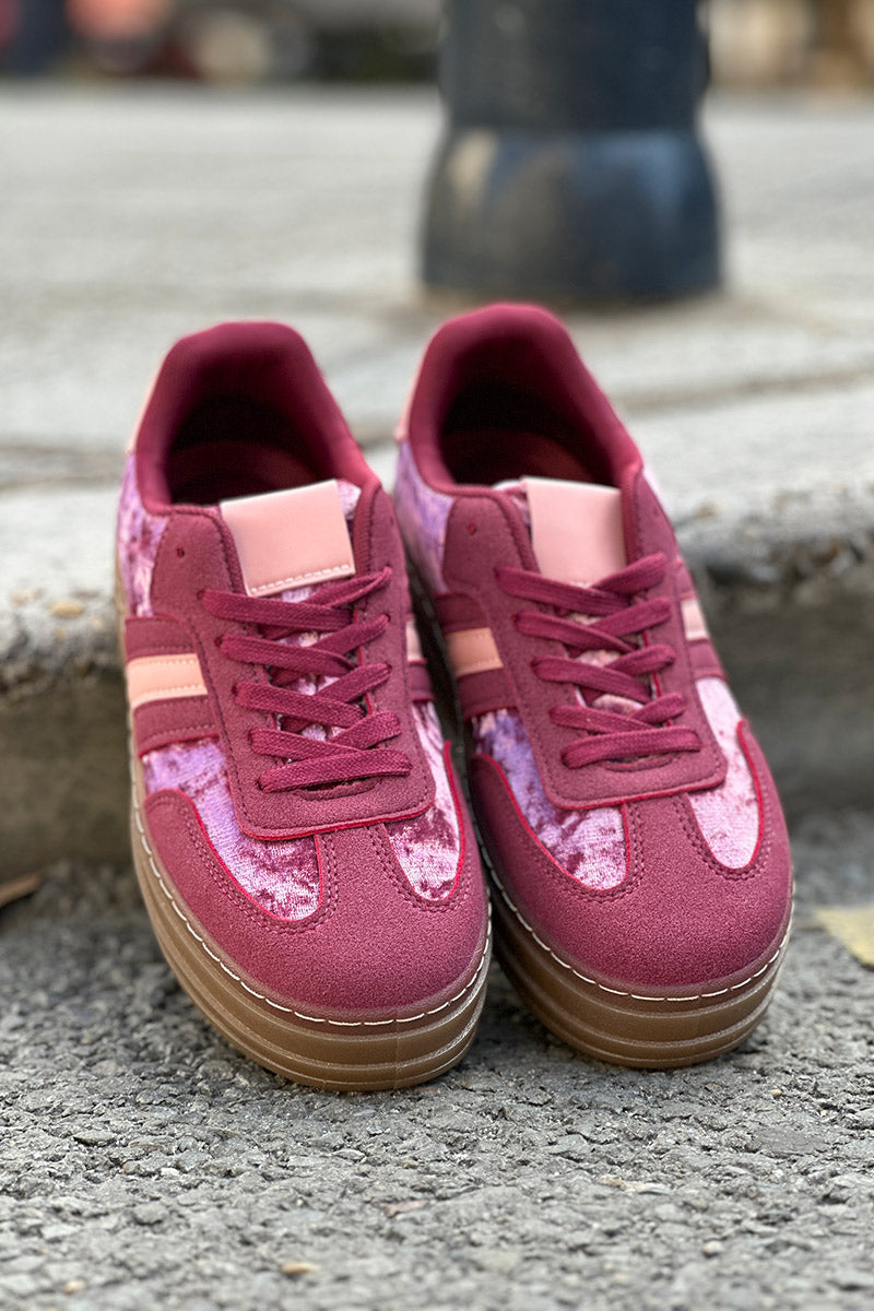 Burgundy Velvet and Suede Sport Stripe Sneakers
