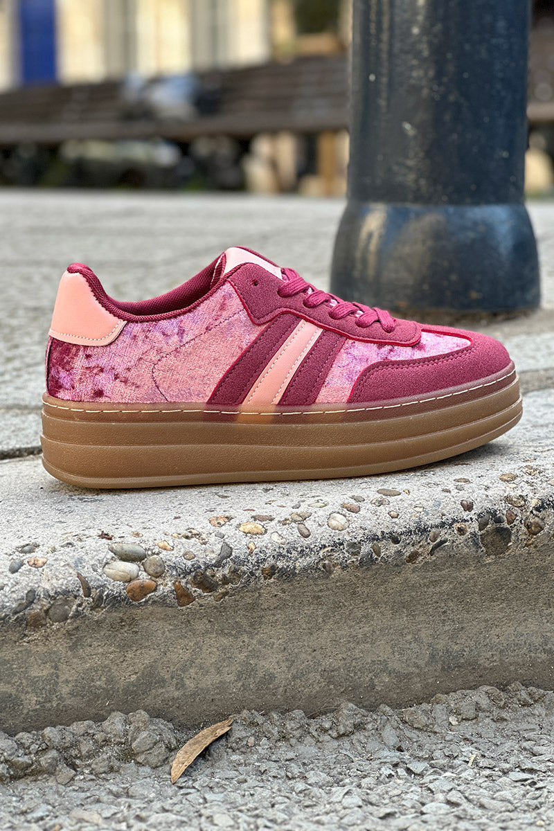 Burgundy Velvet and Suede Sport Stripe Sneakers