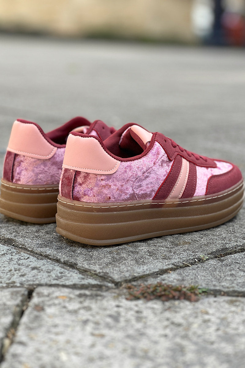 Burgundy Velvet and Suede Sport Stripe Sneakers
