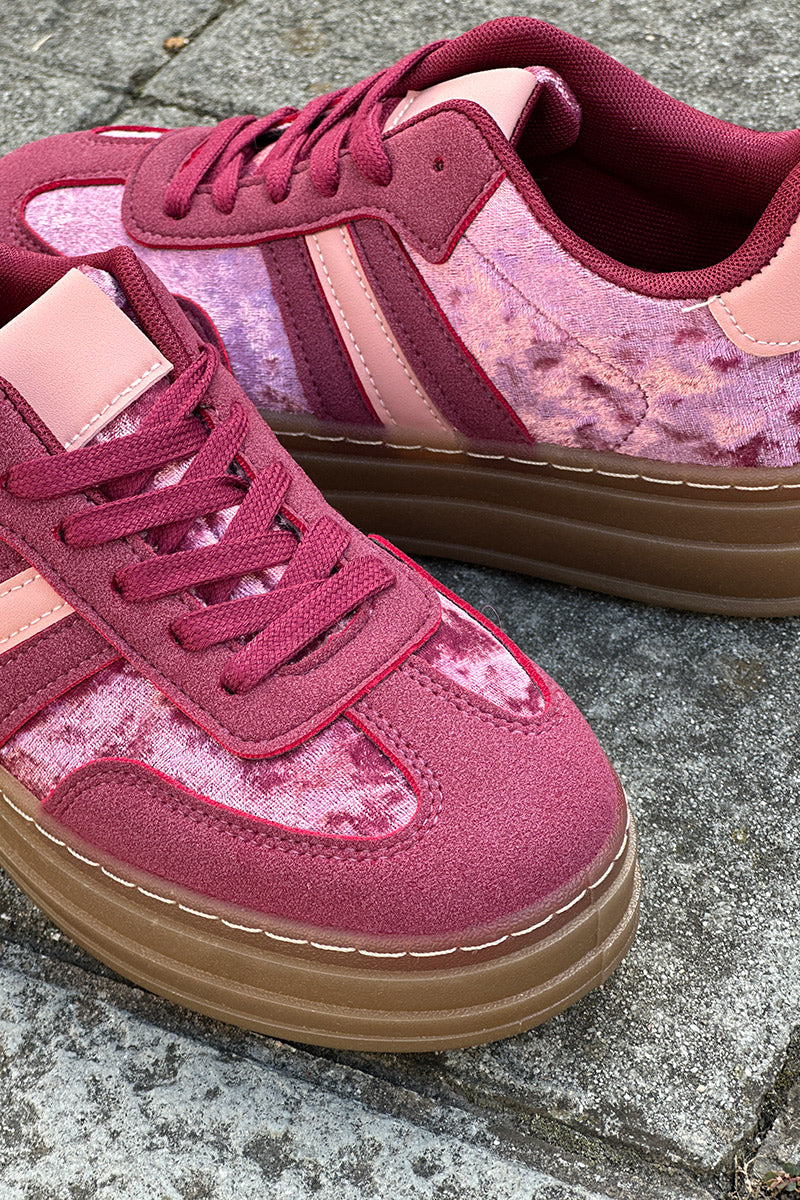 Burgundy Velvet and Suede Sport Stripe Sneakers