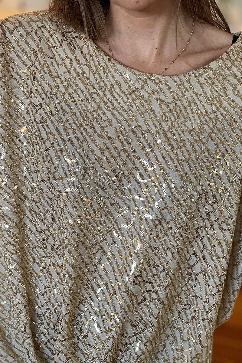 Top beige à sequins dorés à nouer manches chauve souris