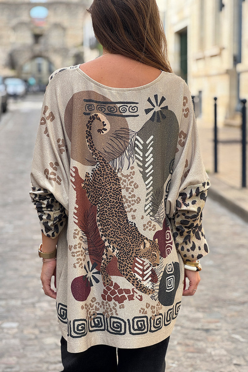 Top brillant beige large à manches longues motif fleurs et tête léopard
