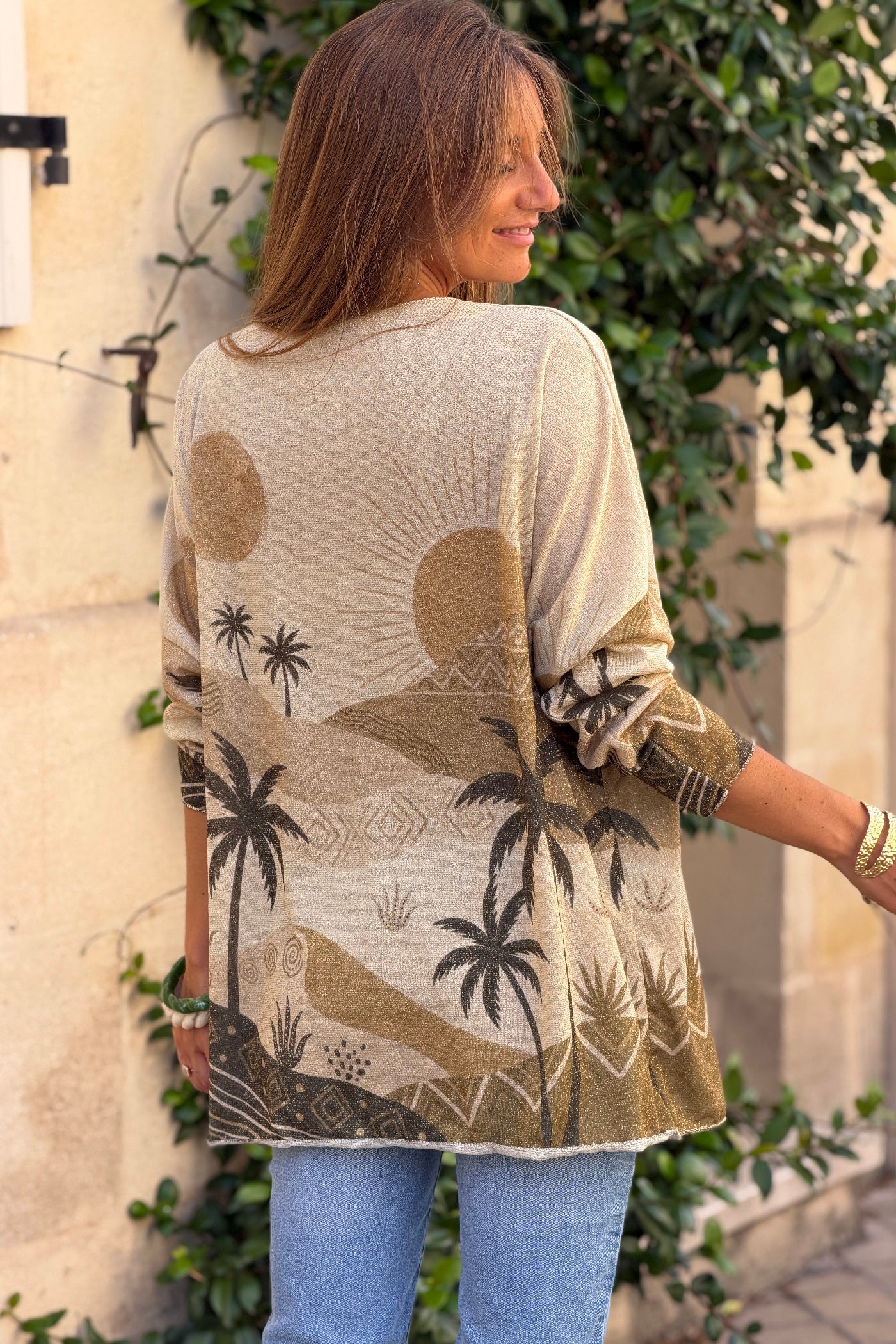 Top brillant imprimé Sunset kaki soleil dunes et palmiers