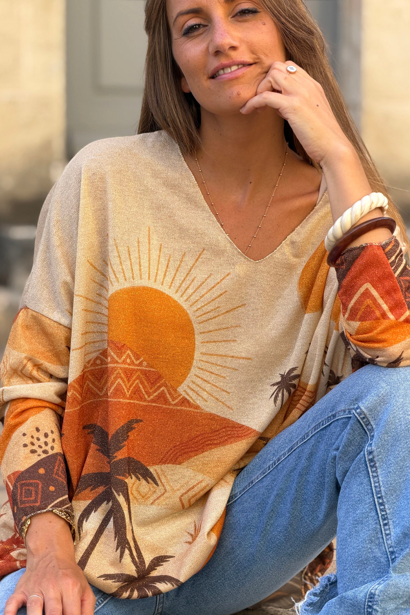 Top brillant imprimé Sunset terracotta soleil dunes et palmiers